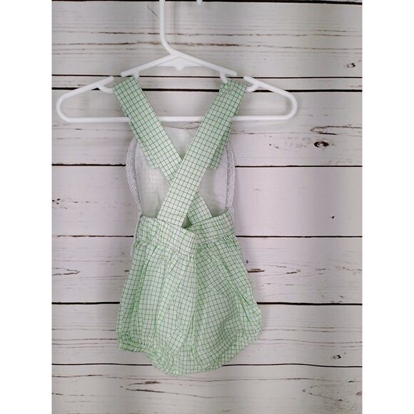 Green Checkered Baby Romper With Lace Trim By The Oaks Apparel Size 9 Months - Picture 2 of 7